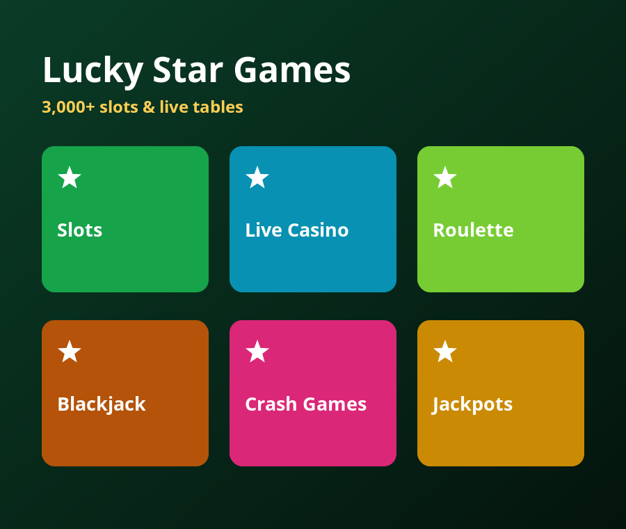 Lucky Star Casino games — slots, live casino, roulette, blackjack, crash games and jackpots